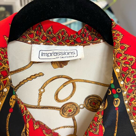 Vintage Impressions Cream Red Rope Brocade Equestrian Button-Down Blouse, L - Picture 5 of 5